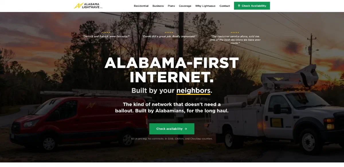Homepage of Alabama Lightwave (alabamalightwave.com), a Central & West Alabama website built and managed by ISP Hyperdrive