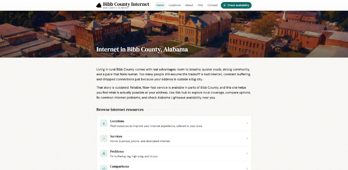 Homepage of Bibb County Internet (bibbcountyinternet.com), a Bibb County, Alabama website built and managed by ISP Hyperdrive