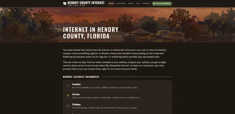 Homepage of Hendry County Internet (hendrycountyinternet.com), managed by ISP Hyperdrive