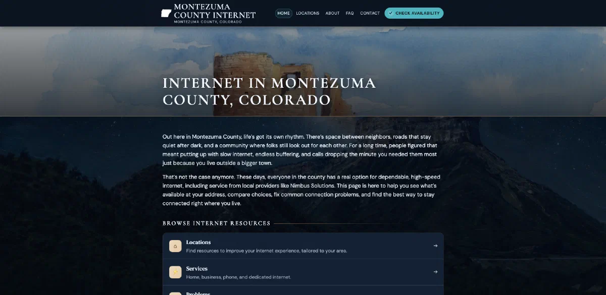Homepage of Montezuma County Internet (montezumacountyinternet.com), a Montezuma County, Colorado website built and managed by ISP Hyperdrive