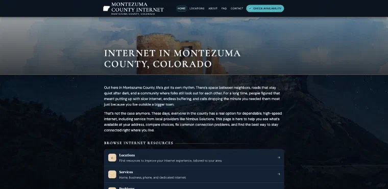Homepage of Montezuma County Internet (montezumacountyinternet.com), managed by ISP Hyperdrive