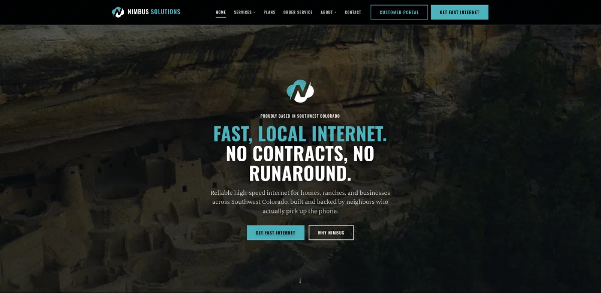 Homepage of Nimbus Solutions (nimbussolutions.org), a Southwest Colorado website built and managed by ISP Hyperdrive