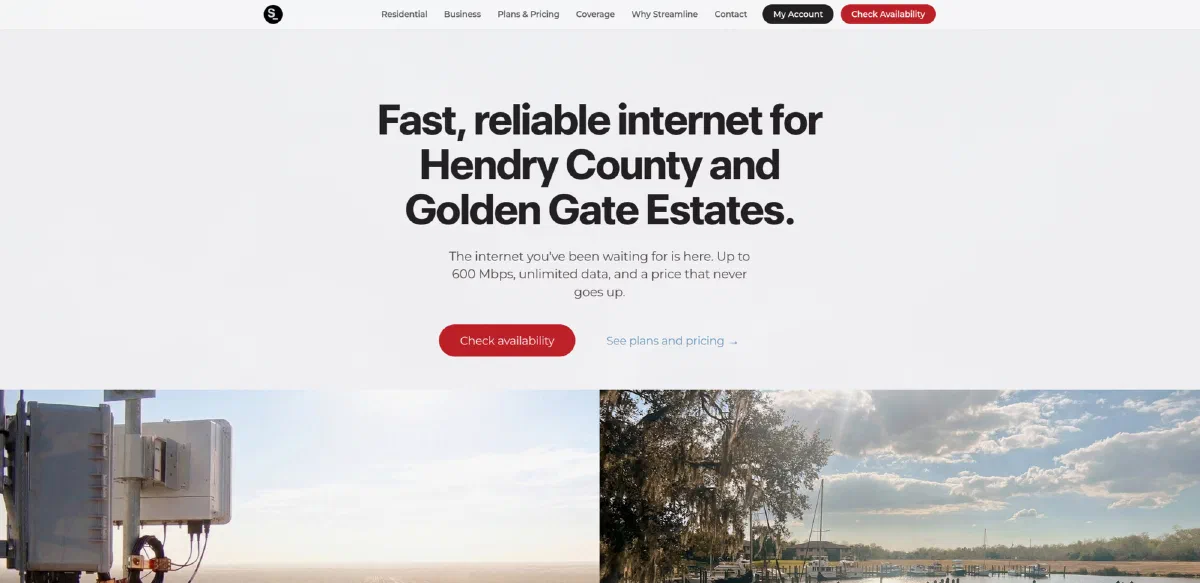 Homepage of Streamline Internet (streamlineisp.com), a Southwest Florida website built and managed by ISP Hyperdrive